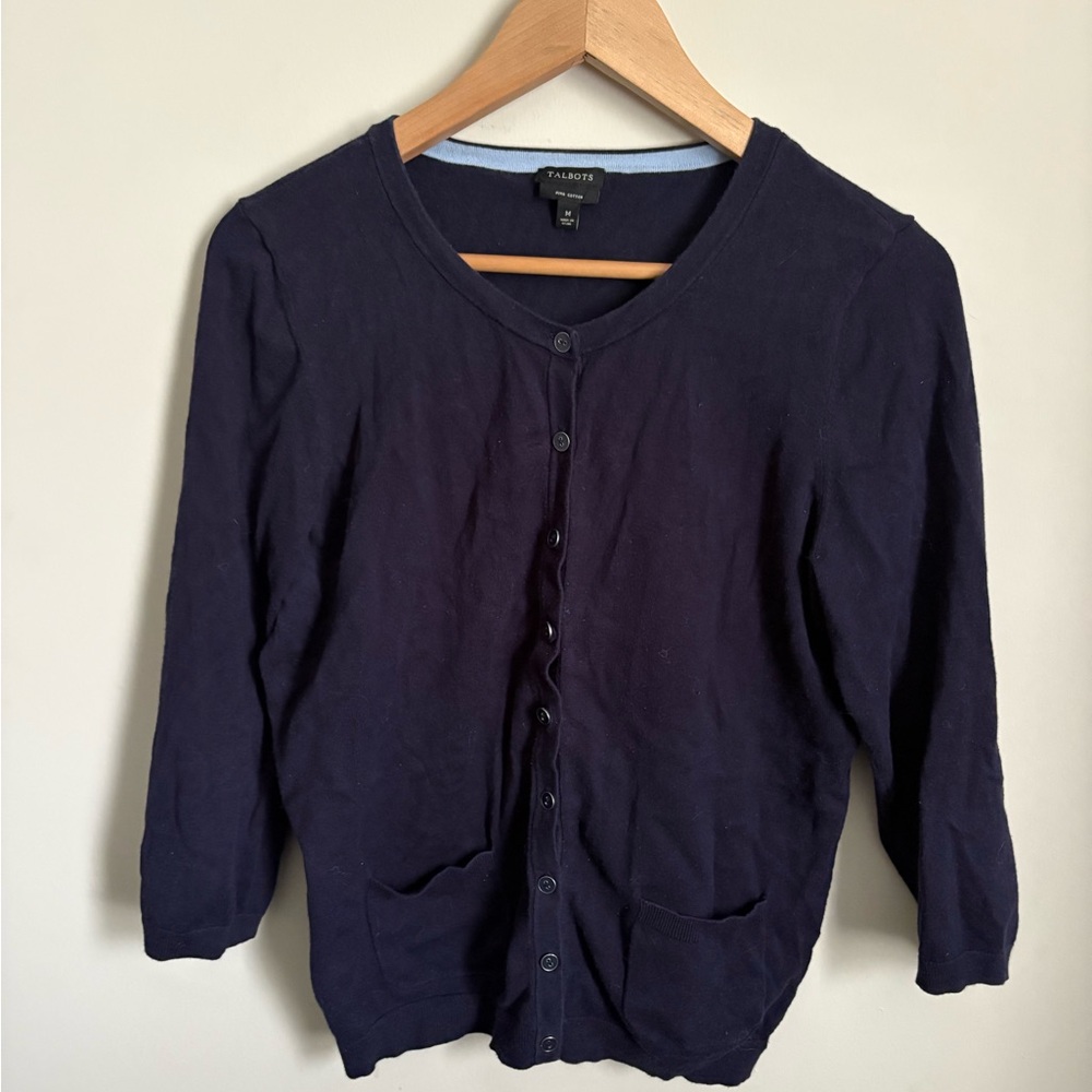Talbots Dark Navy Button-Up Cardigan with 3/4 Sleeves